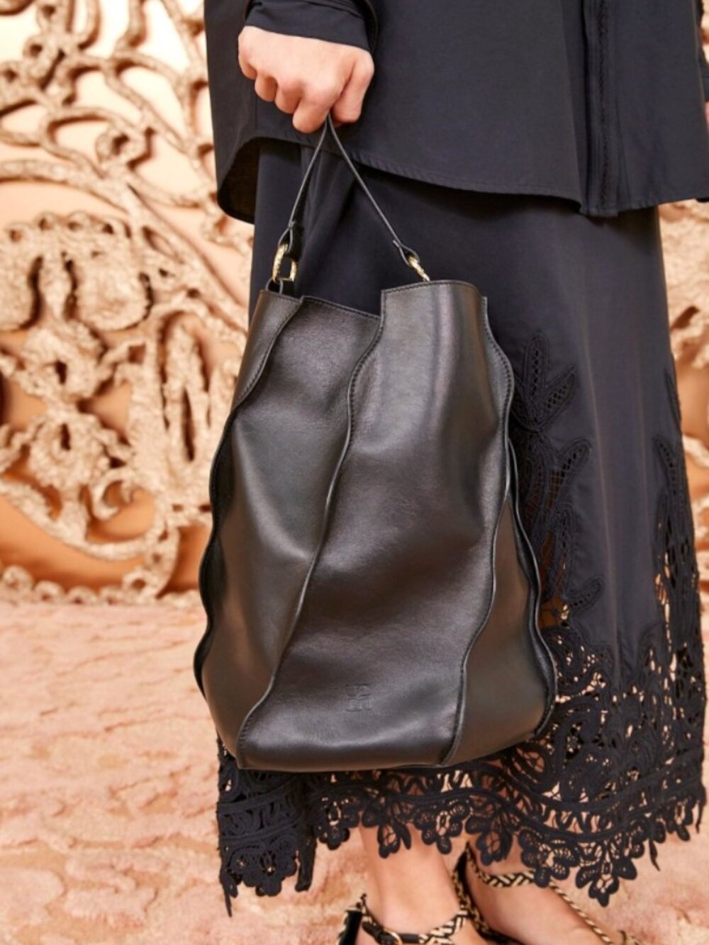 ULLA JOHNSON Adria Pleated Wave Bucket in Noir $920